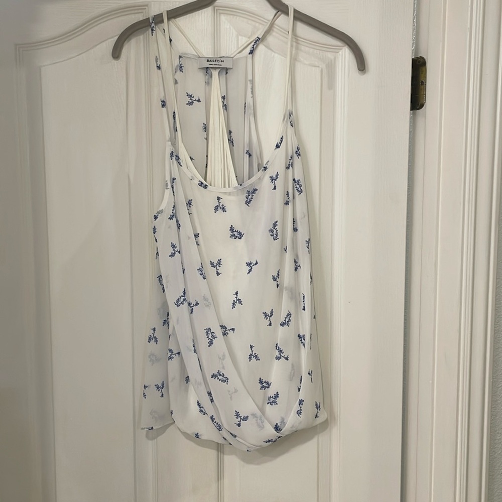 Bailey/44 white camisole with blue floral print, beautiful drapey fabric, size L